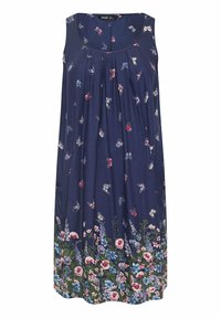 Navyblaues ärmelloses Kleid mit einem gefalteten Design, das ein Schmetterlingsmuster und florale Akzente am Saum aufweist. Hergestellt aus leichtem Stoff.