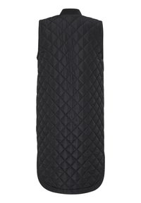 Chaleco negro largo acolchado sin mangas con costuras en forma de rombo y dobladillo redondeado visto desde atrás sobre un fondo blanco.