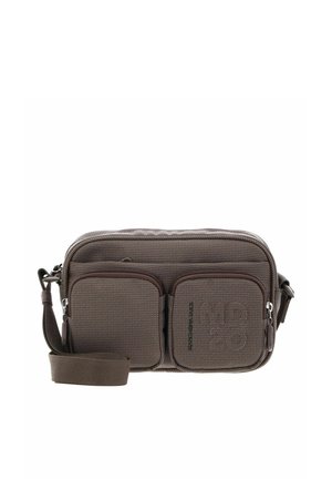 Brown textured fabric crossbody bag with adjustable strap and two front zippered pockets.