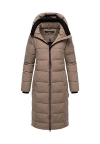 Abrigo largo acolchado marrón con cuello alto y cierre de cremallera. Presenta puños elásticos, dos bolsillos laterales y un diseño minimalista elegante.