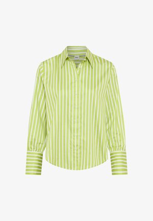 Groen-wit gestreept overhemd met knopen, met lange mouwen met boordaccenten en een puntige kraag, gemaakt van lichtgewicht stof.