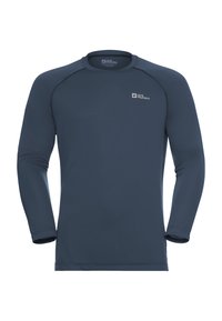 Maglietta a maniche lunghe blu navy con scollo rotondo, realizzata in tessuto liscio. Presenta maniche raglan e un piccolo logo sulla parte superiore sinistra del petto.
