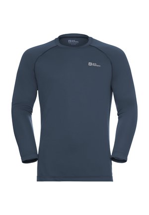 Navy-langärmliges Shirt mit rundem Halsausschnitt, hergestellt aus glattem Stoff. Verfügt über Raglansärmel und ein kleines Logo auf der oberen linken Brust.