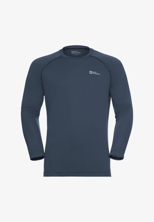 Navy-langärmliges Shirt mit rundem Halsausschnitt, hergestellt aus glattem Stoff. Verfügt über Raglansärmel und ein kleines Logo auf der oberen linken Brust.