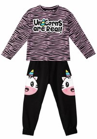 Pyjama-Set für Kinder mit langärmeligem Oberteil, das pinke Zebra-Streifen und den Schriftzug "Einhörner sind echt!" zeigt; schwarze Hose mit Einhorn-Gesicht-Applikationen.