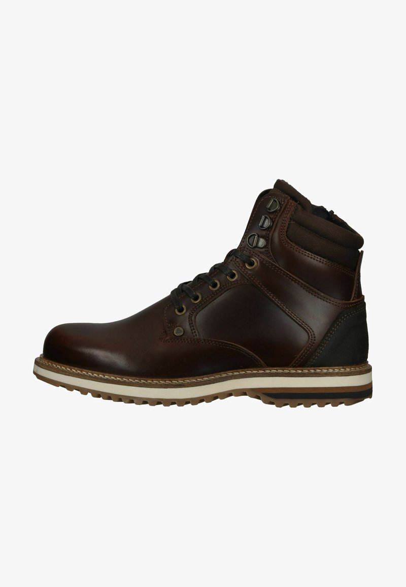Stivale da trekking in pelle marrone con colletto imbottito, occhielli in metallo e suola in gomma texturizzata. Presenta una suola intermedia bianca a contrasto.