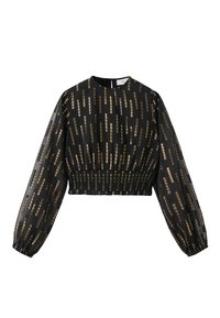 Svart kortärmad blus med långa ärmar, elastisk midja och ett vertikalt guldmönster på ett genomskinligt tyg. Slät textur, rund halsringning.