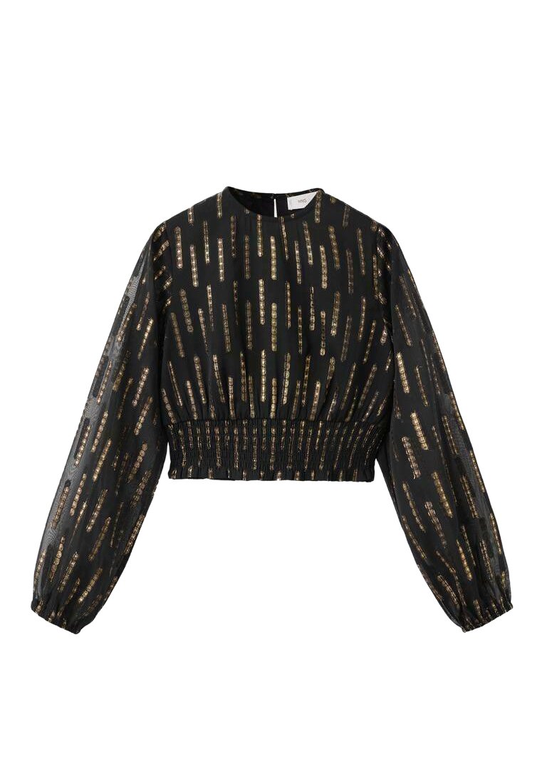 Svart kortärmad blus med långa ärmar, elastisk midja och ett vertikalt guldmönster på ett genomskinligt tyg. Slät textur, rund halsringning.