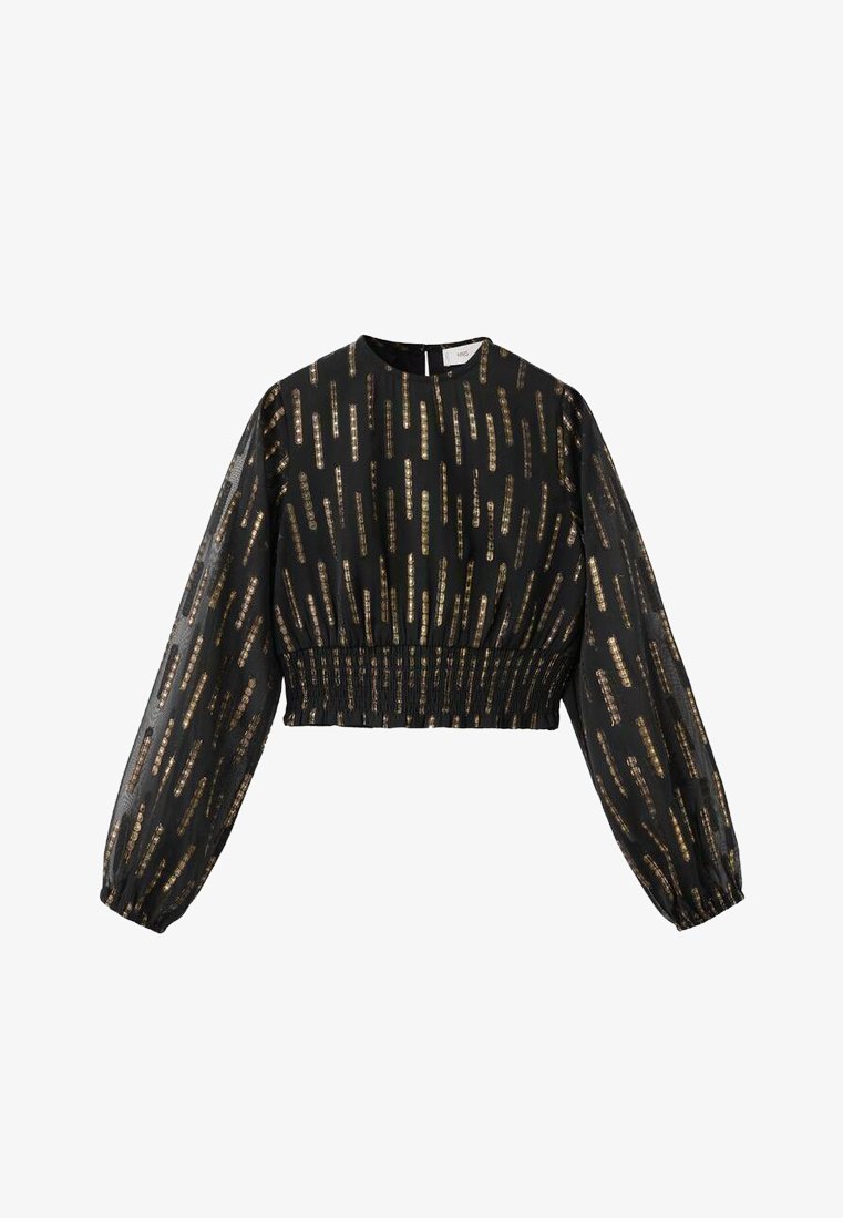 Black cropped blouse with long sleeves, elastic waist, and a vertical gold-patterned design on a sheer fabric. Smooth texture, round neckline.