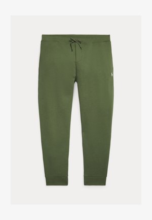 Pantaloni della tuta verde oliva a taglio aderente con vita con coulisse e piccolo logo bianco Polo sull'anca destra, polsini alle caviglie, vista frontale piatta.