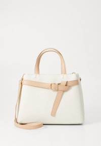 White leather handbag with structured design, beige accents, a buckle detail, and dual handles. Includes a removable shoulder strap.