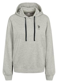 Ljusgrå hoodie med svarta dragskor, ribbade ärmslut och nederkant, samt en liten USPA-polo spelare-logotyp på vänstra bröstet.