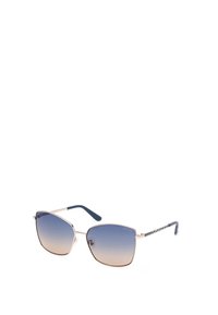 Ochelari de soare cu formă pătrată, cadru din metal roz aurit, lentile cu gradient albastru și brațe texturate de culoare albastră, având un logo.