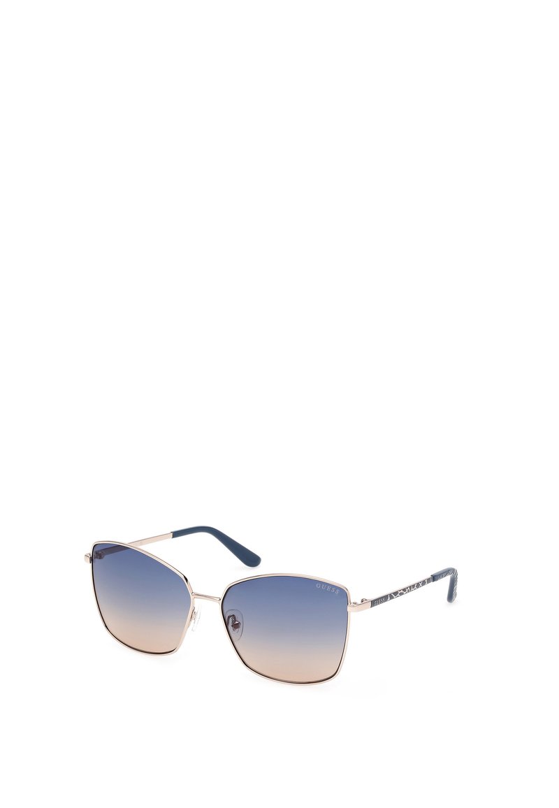 Ochelari de soare cu formă pătrată, cadru din metal roz aurit, lentile cu gradient albastru și brațe texturate de culoare albastră, având un logo.