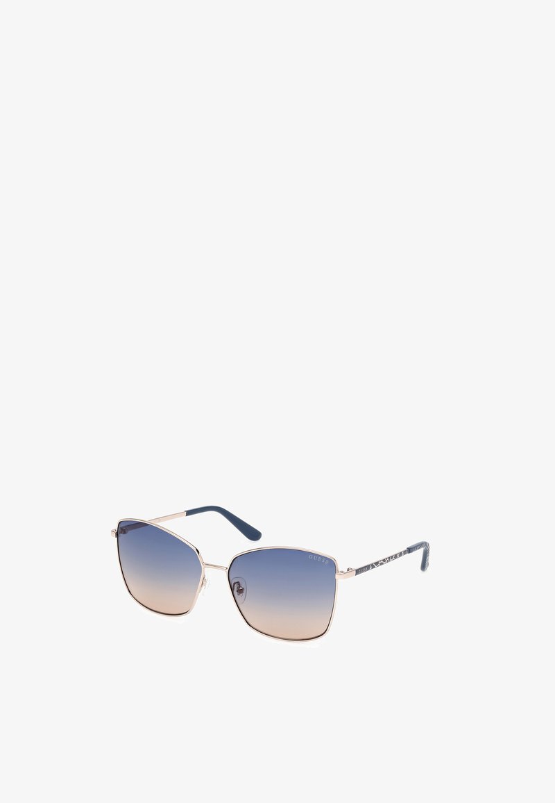 Occhiali da sole con forma quadrata, montatura in metallo color oro rosa, lenti blu sfumate e astine blu texturizzate che presentano un logo.