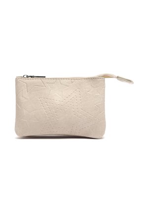 Piccola borsa in camoscio beige con motivi a stelle in rilievo e cerniera con tirante in tessuto su sfondo bianco.