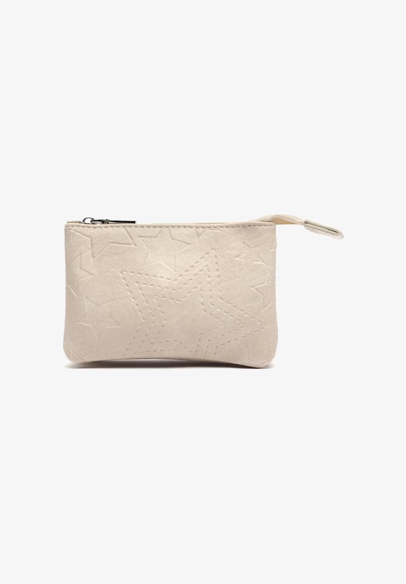 Small beige suede pouch with embossed star patterns and a zipper with fabric pull tab on a white background.