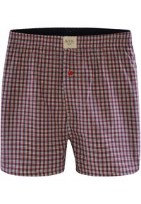 Pantaloni boxer a quadri rossi e blu con una fascia elastica nera, caratterizzati da un singolo bottone rosso e realizzati in morbido cotone.
