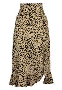 Leopardprint nederdel i tan og sort; flagrende kant med flæsedetalje; tætsiddende design med talje og sideslids. Glat stoftekstur.
