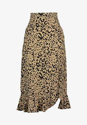 Leopardprint-Rock in Tan und Schwarz; ausgestellter Saum mit Rüschendetail; körperbetontes Design mit Bund und seitlichem Schlitz. Glatte Stoffoberfläche.