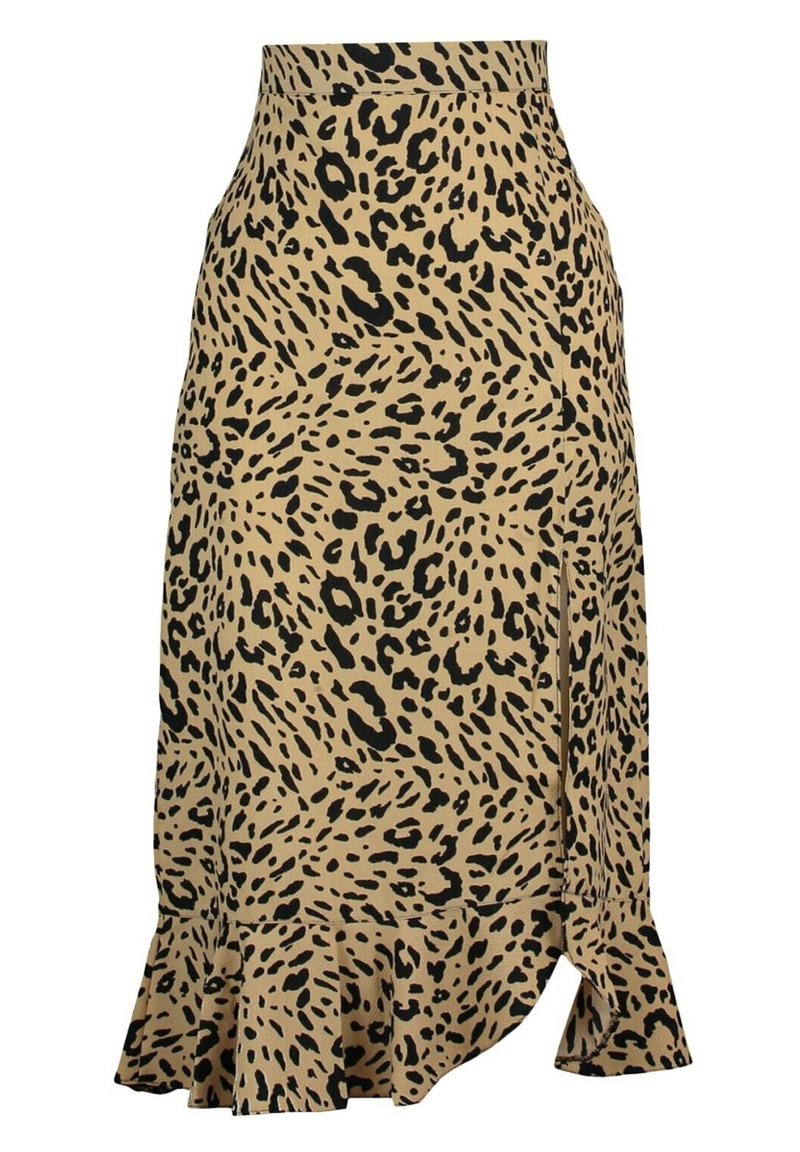 Leopardprint nederdel i tan og sort; flagrende kant med flæsedetalje; tætsiddende design med talje og sideslids. Glat stoftekstur.