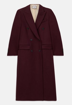 Burgundy double-breasted coat made of a textured fabric, featuring black buttons, side pockets, and a notched lapel design.