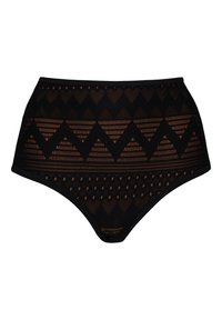 Hladké černé bikiny s vysokým pasem vyrobené z prodyšné síťoviny s geometrickými výřezy, cik-cak vzory a texturovanými detaily.