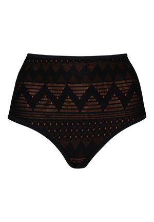 High-waisted black bikini bottom made of mesh fabric featuring geometric cut-outs, zigzag patterns, and textured detailing.