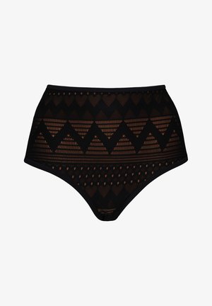 Højlivede sorte bikiniunderdel lavet af mesh-stof, der har geometriske udskæringer, zigzag-mønstre og teksturerede detaljer.