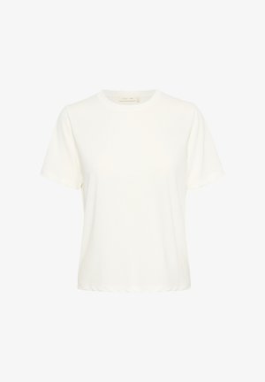 Bela majica s kratkimi rokavi in okroglim ovratnikom, izdelana iz mehke tkanine, z enostavnim, brez okrasja oblikovanjem.