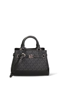 Sac à main en cuir noir avec motif logo MK, double poignées, bandoulière amovible, ferrures argentées et forme structurée.