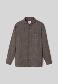 Chemise à carreaux beige et marron, manches longues, col, poche poitrine unique, en tissu léger, avec des boutons marron.