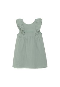 Robe sans manches vert clair avec des épaules froncées, dotée d'une bordure en dentelle le long du buste et de l'ourlet, fabriquée en tissu doux et respirant.