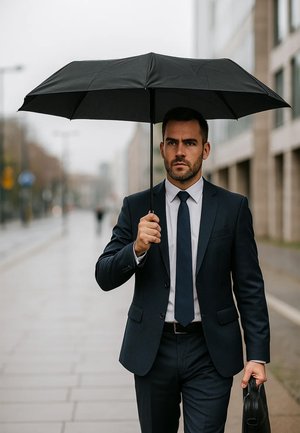 Black umbrella held by a man in a dark suit and tie; smooth texture, seven panels, and a curved handle; city street in the background.