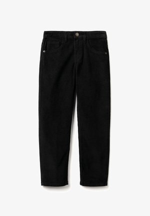 Pantalon droit en velours côtelé noir avec poches avant, passants pour ceinture et fermeture par bouton à la taille.