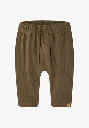 Brune ribstrikkede babybukser med elastisk talje og snøre, med et lille beige stofmærke på kanten.