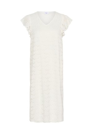 White dress featuring a V-neck, short ruffled sleeves, and a textured pattern resembling layered scales. Lightweight fabric. Mid-length design.