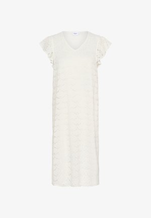 Balta kleita ar V veida kaklu, īsām rievotām piedurknēm un teksturētu rakstu, kas atgādina slāņveida zvīņas. Viegls audums. Pusgarš dizains.