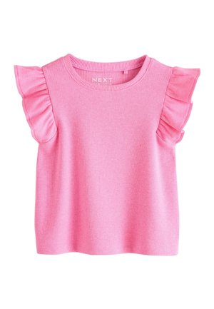 Rózsaszín bordázott rövid ujjú felső fodros ujjakkal és kerek nyakkivágással, gyerekeknek tervezve.