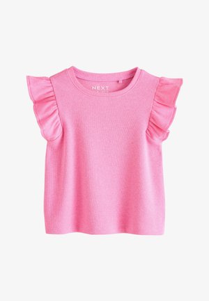 Różowy prążkowany top z krótkim rękawem, falbanami na rękawach i okrągłym dekoltem, zaprojektowany dla dzieci.