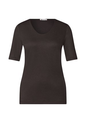 T-shirt marron foncé à manches courtes avec col en V et coupe ajustée, présenté sur fond blanc uni.