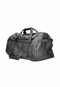 Borsa a viaggio nera realizzata in materiale durevole, con manici superiori doppi, tracolla regolabile, tasca frontale e dettagli brandizzati.