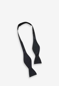 Mustassa itsenäisessä solmiossa on pieniä kultaisia ja hopeisia pisteitä, joka on valmistettu sileästä kankaasta ja jossa on virtaviivainen muoto ja säädettävä kaulahihna.