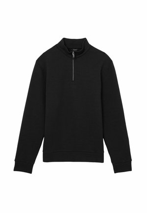Black ribbed pullover with a high collar and a short zipper. Features long sleeves and a relaxed fit at the hem and cuffs.