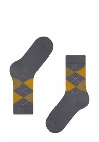 Calzini grigi con un motivo argyle in giallo, verde e rosa. Presentano un polsino a costine e una punta rinforzata. Tessuto morbido e lavorato a maglia.