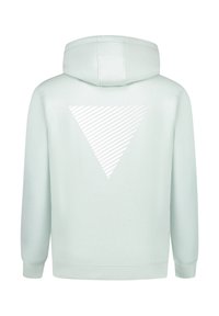 Vaalean mintunvihreä huppari, pehmeää kangasta, jossa suuri valkoinen geometrinen kolmion kuvio selässä raidallisilla yksityiskohdilla. Klassinen istuvuus, pitkät hihat.