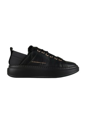 Sort lavtop sneaker med tyk sål, gyldne øjer, foret med pels og "Alexander Smith" logo på siden.