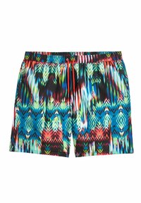 Costumi da bagno colorati con un vivace motivo tribale in tonalità di verde, blu, rosso e nero, dotati di una vita elastica e cordoncino.