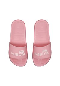 Różowe klapki z teksturowaną wkładką i solidnym paskiem. Posiadają białe logo "KUBOTA". Wykonane z trwałego, elastycznego materiału.