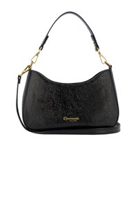 Sac à main en cuir noir texturé avec quincaillerie dorée, bandoulière courte et bandoulière longue amovible, affichant le logo doré "remonte Since 1876".